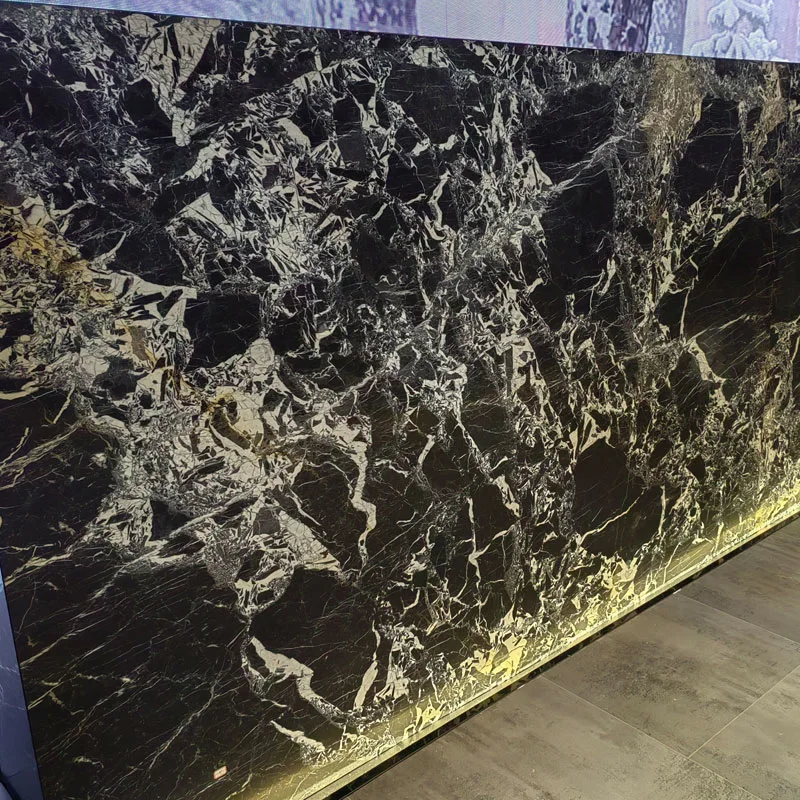 Salon salon noir poli Pierre naturelle téléviseur fond mur carrelage Sol en marbre noir de Calacatta