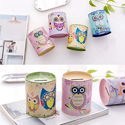 Owl Piggy Bank Tin Pen Pencil Brushes Holder Tinplate Save Spend Share Giving Coin Money Can