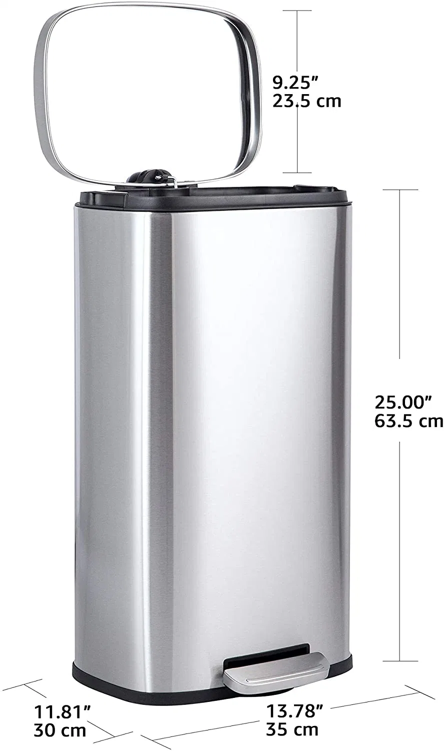 30L/8 Gallon Stainless Steel Dustbin with Foot Lever Pedal Control - Rectangular