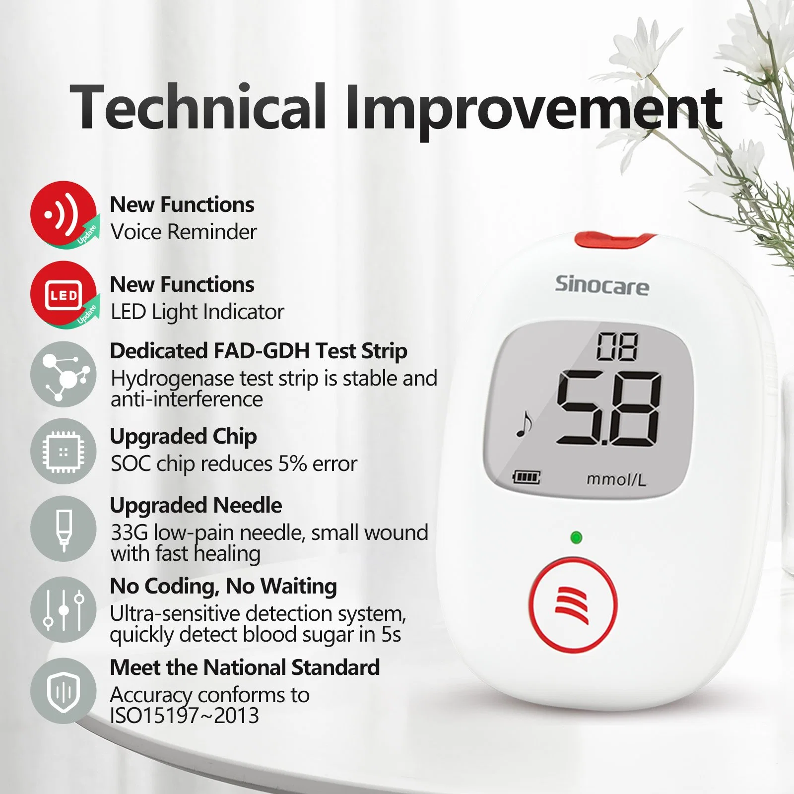 Sinocare Home Care Clinical Blood Test Machine Rapid Quick 5sec 0.5UL Blood Accurate Check Glucometer with Strip