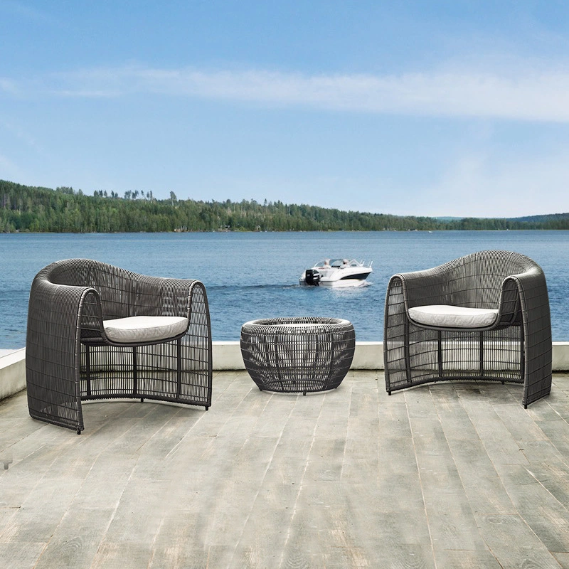 Hot Sale Outdoor Garden Wicker Dining Furniture and Rock Slab Table and Fabric Chair Sets