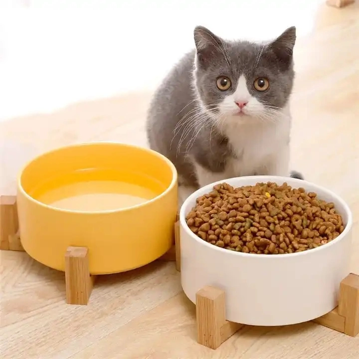 Pet Cat Food Water Feeder Dish Ceramic Bowls with Wood/Bamboo Stand