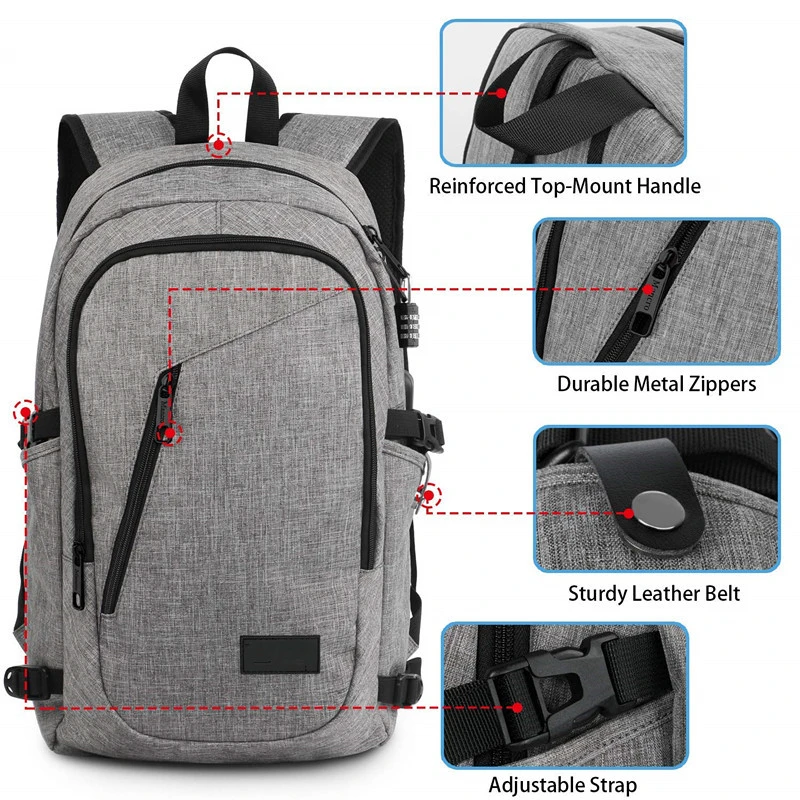 Negocios Trave Slim Antirrobo portátiles duradera Mochila escolar Bolsa con puerto USB de carga