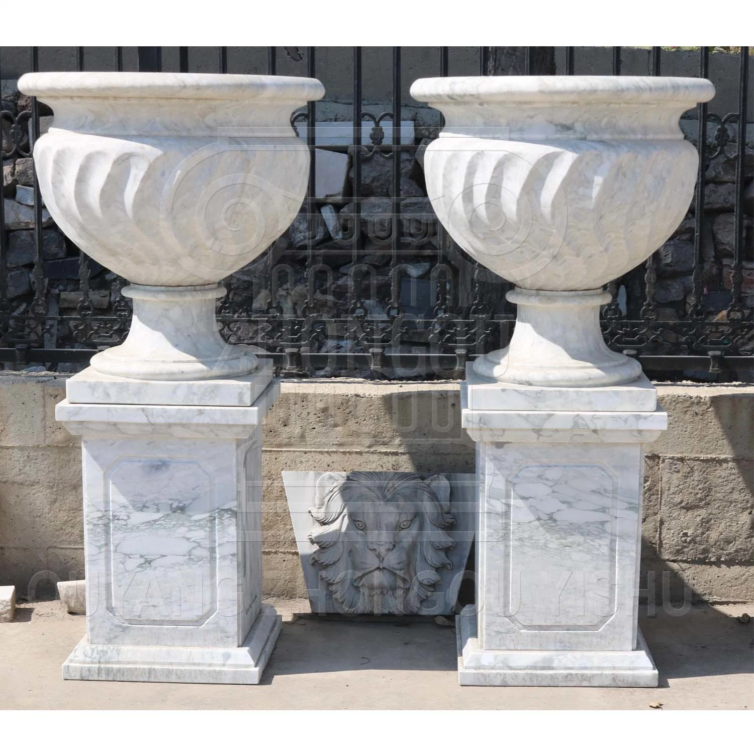 a Pair of Garden Planter, White Marble Stone Flower Urn