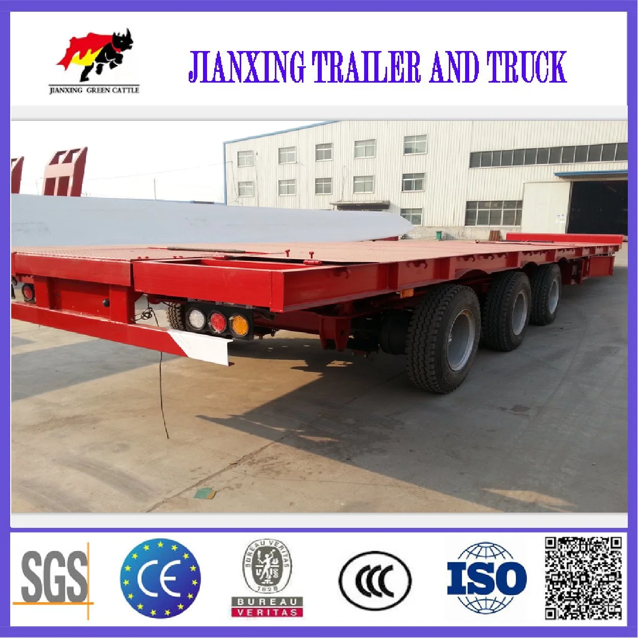 Heavy Duty Jiannxing 40 pieds à plat 3 lit 4 essieux 20ft 40ft 50ft 60FT conteneur semi remorque de camion à plat pour la vente