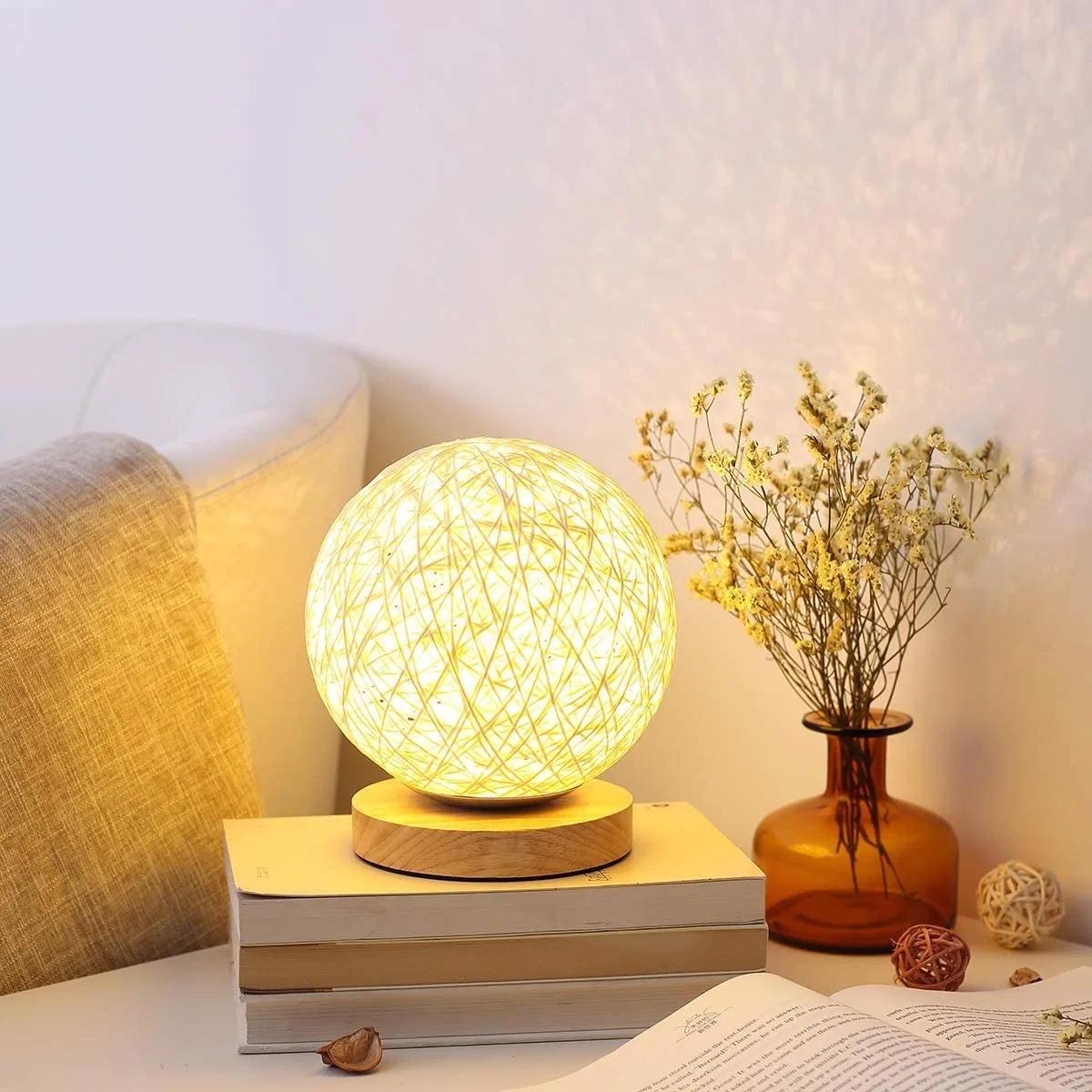 JLT-R07 lampe de table lumineuse naturelle boule ronde en bambou rotin rond Base en bois massif pour l'éclairage de la chambre