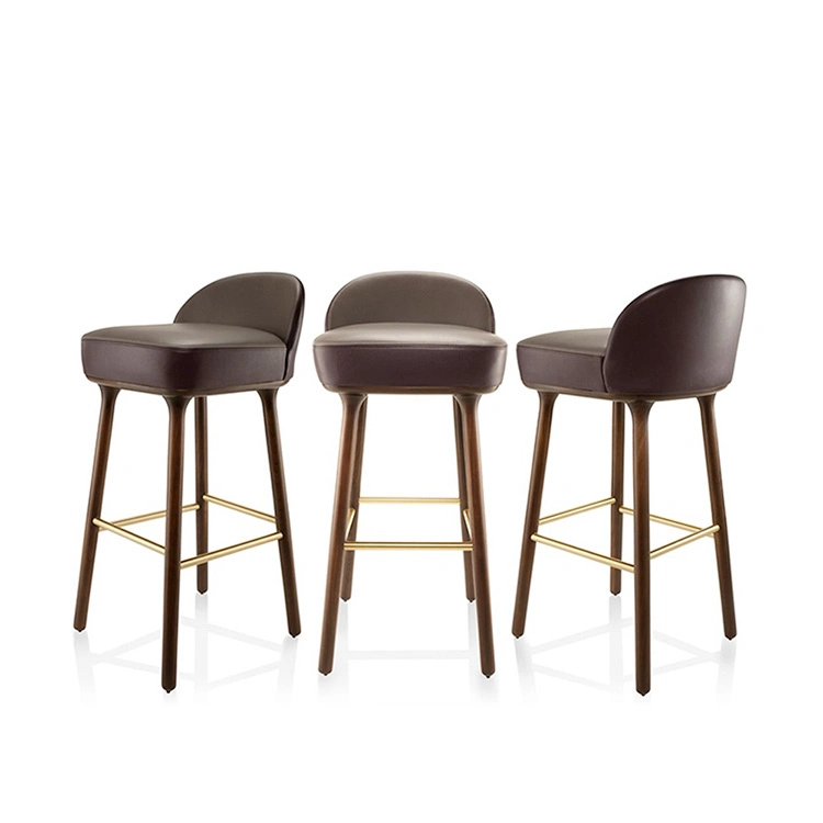 Nordic Design Wood Bar Chair Vintage Leather Bar Stools for Cafe