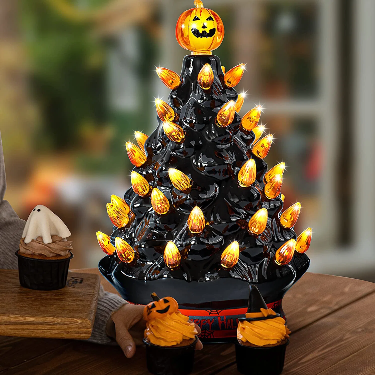 Halloween Pre-Lit Ceramic Tabletop Tree Halloween Ceramic Tree Decoration with Orange Bulb Lights & Pumpkin Head Topper for Halloween D&eacute;cor for Promotion