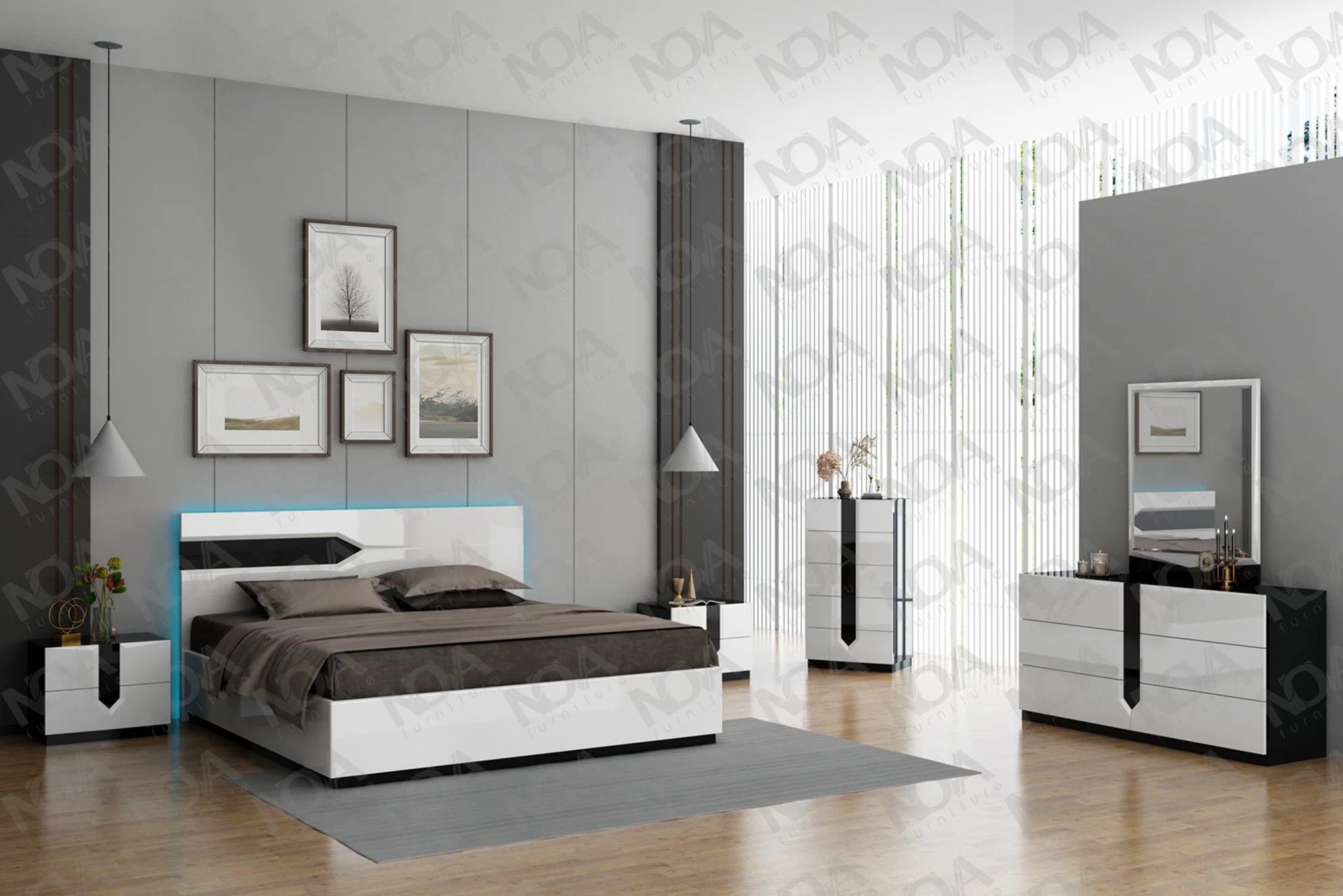 Nova personalização moderno com cama King Size Alto Madeira Gloss 4 pedaço quarto conjunto de móveis