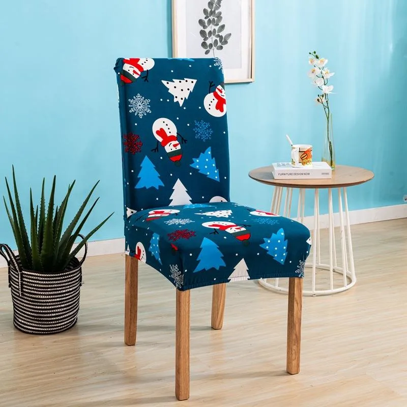 Top Sell Navidad Snowman Printed Blue Chair Cover comedor Boda Hotel Banquete Navidad silla cubierta