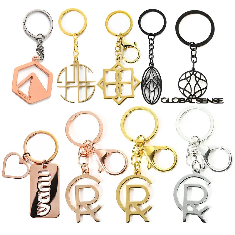 Logótipo personalizado Gold Silver Rose Gold Key Chain de alta qualidade Acessórios de porta-chaves de corte com corrente metálica em aço inoxidável Letter