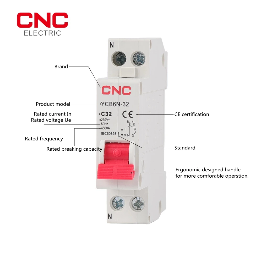 Ycb6n-32 3KA 32A 1P+N 6A 10A 16A 20A 25A 32A Disyuntor en miniatura con mango de diseño antideslizante DPN MCB