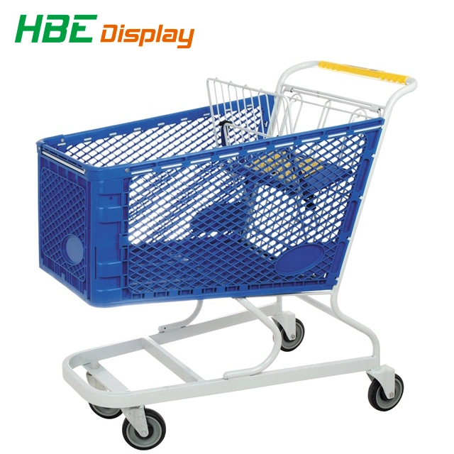 Supermarket Grocery Plastic Hand Push Trolley Shopping Cart with Plastic Basket