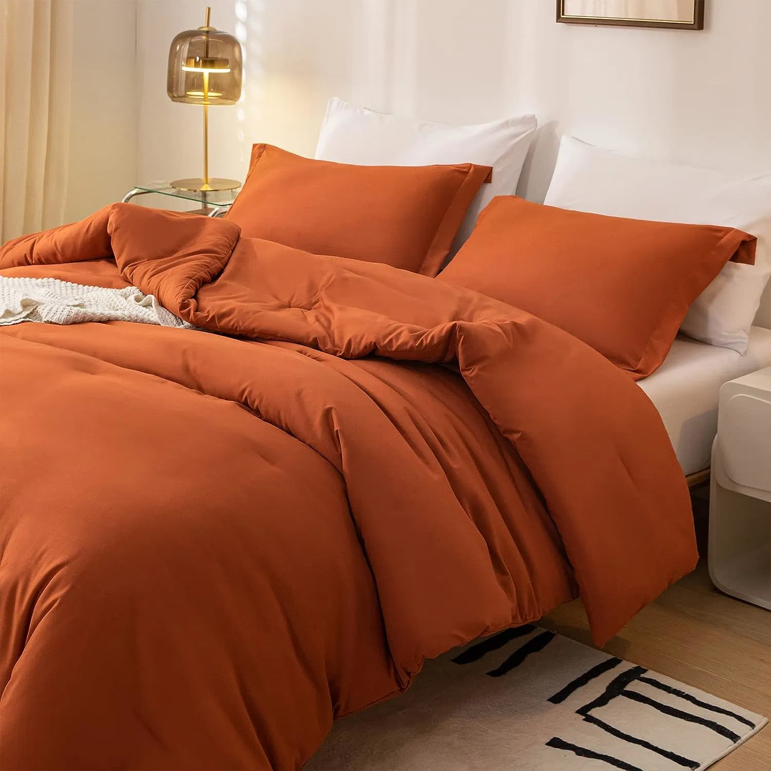 Twin Comforter Set 5 Pieces Microfiber Comforter Soft Terracotta Quilt Set Farmhousewith Comforters, Flat & Fitted Sheets, Pillowcases & Shams of Bedding Set