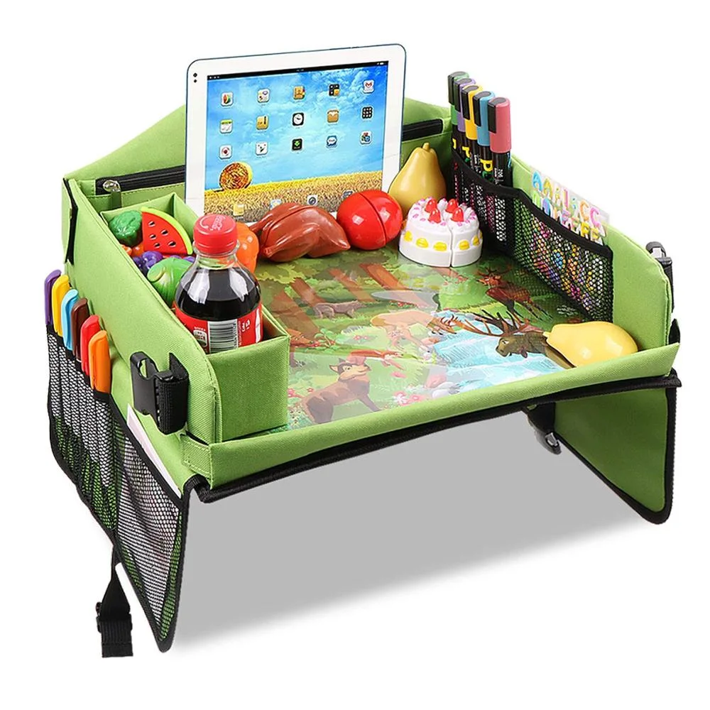 Bandeja de viaje para niños asiento de coche Bandeja de juegos con espacio colorido Top actividad de juego de aperitivos para niños pequeños Bandeja Organizador bolsillos portavasos Bolsa para el organizador de coches