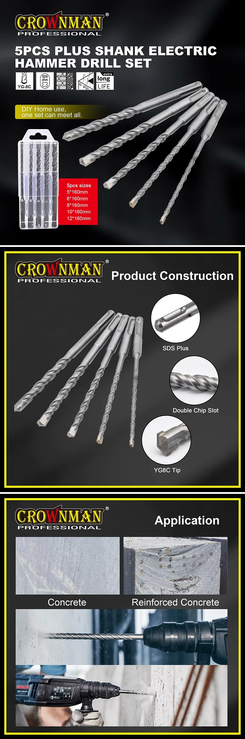 Crownman 5PCS Plus Shank Electric Hammer Drill Set with 40cr Material