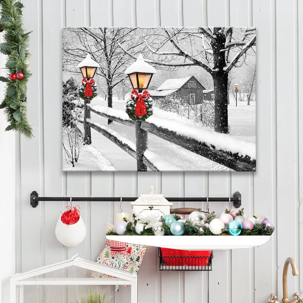 LED Light Canvas Wall Art for Gift and Home Decoration Snow Landscape Printing Design on Light Canvas Painting