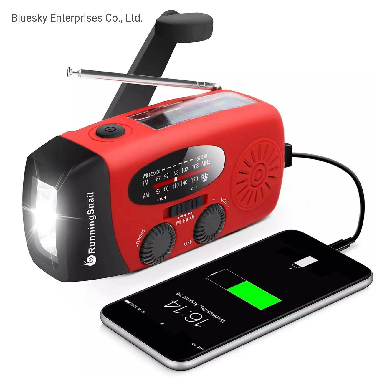 Tw028-1 Radio Portable Rechargeable d'Urgence avec Panneau Solaire à Manivelle 2000mAh Wb / Noaa avec Chargeur de Téléphone et Lampe Torche LED Radio FM