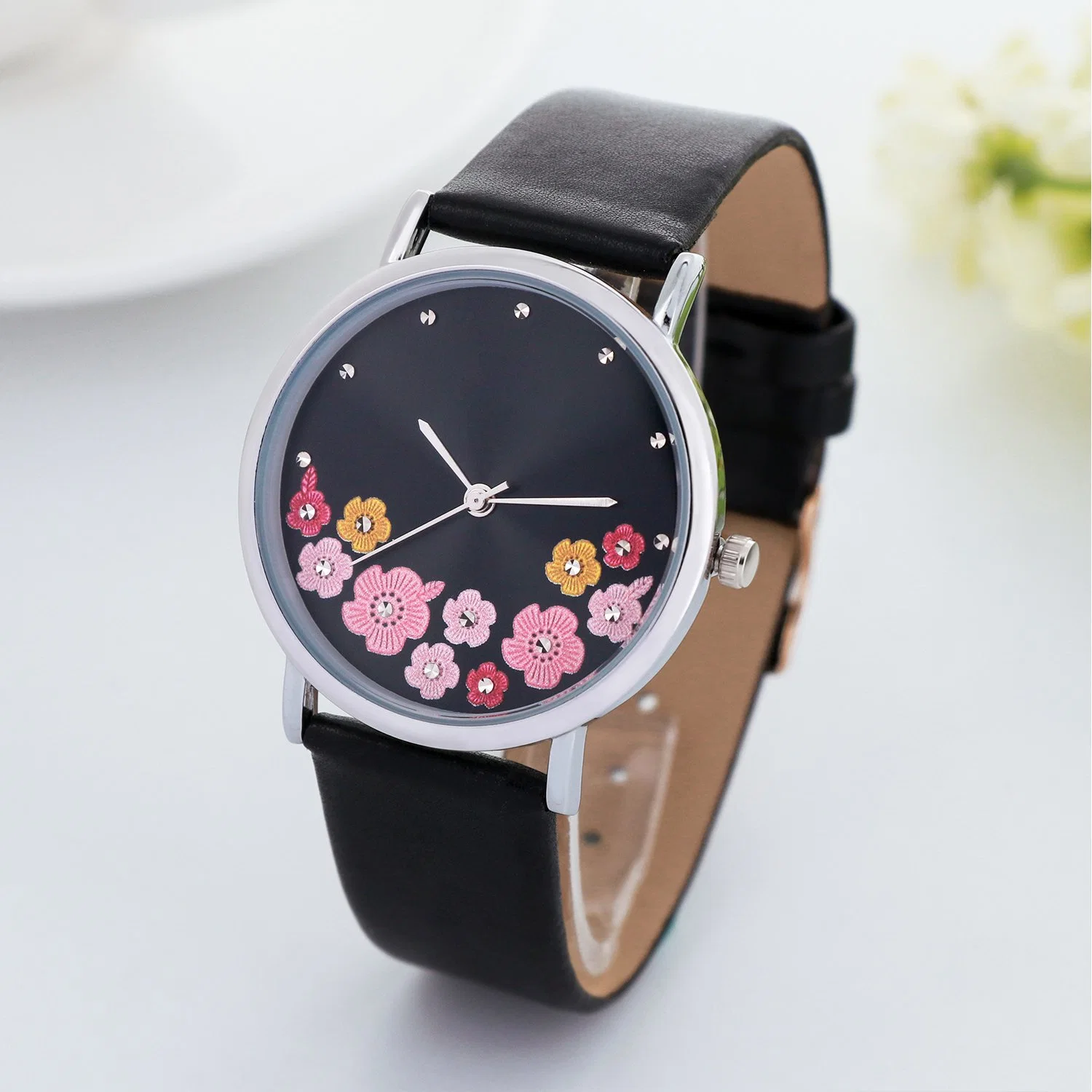 Colorful Flower Dial Women Watch with Leather Strap