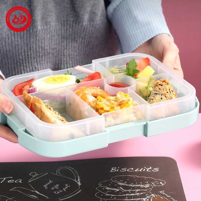 Caixa de almoço Bento de 6 compartimentos Portátil à prova de fugas Escola de plástico Crianças dinnerware Define o formato quadrado para comer durante toda a estação