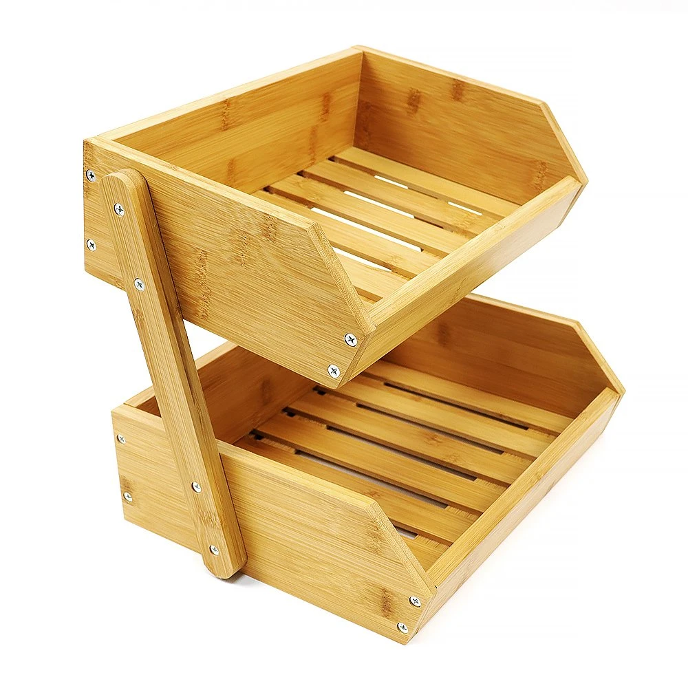 2 Tier Bamboo Fruit Basket for Kitchen Fruit Bowl for Kitchen Counter Large Capacity Fruit and Vegetable Storage