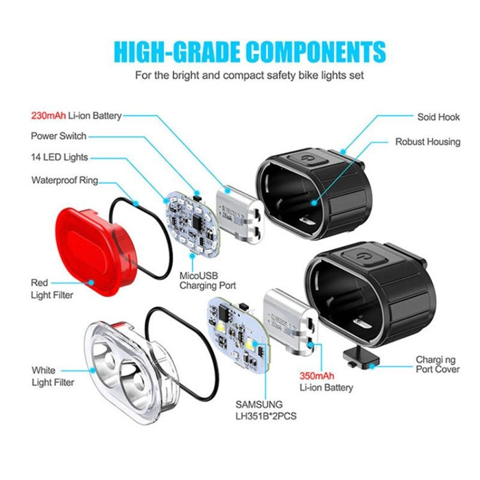 6 conjunto de luz de bicicletas do modo de carregamento USB capacete de montanha de bicicleta de estrada luz dianteira da luz traseira