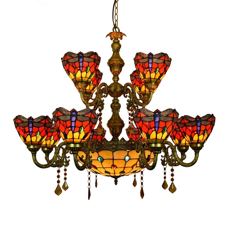 Tiffany-Decken-Libelle-Papageien-Lampen-Leuchter mit Buntglas-Lampe