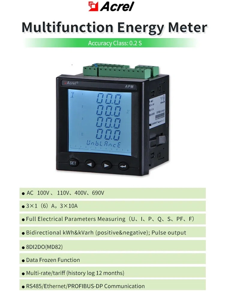 690V Max Three-Phase Power Analyzer Meter with Harmonic Temperature Humidity RS485 Ethernet Profibus-Dp