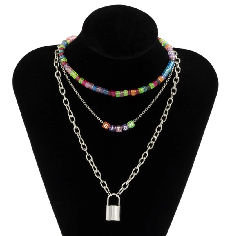 Explosive Bohemia Ins Fashion Women&prime; S Jewelry Beaded Necklace Colorful Acrylic Rice Bead Multi-Layer Silver Lock Pendant Fashion Jewellery Necklace