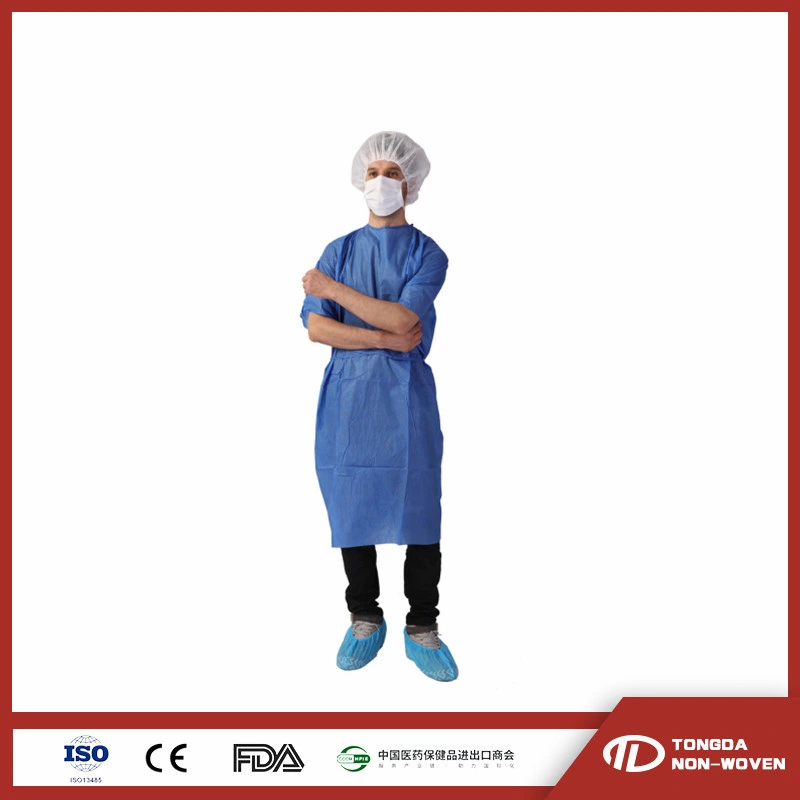 Blue Standard Reinforced Disposable Surgical Non Woven Waterproof Patient Gown with Tie