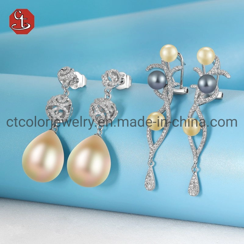 925 Silver Jewelry Earring with Champagne Pearl, 14/18K Gold Plated For Women