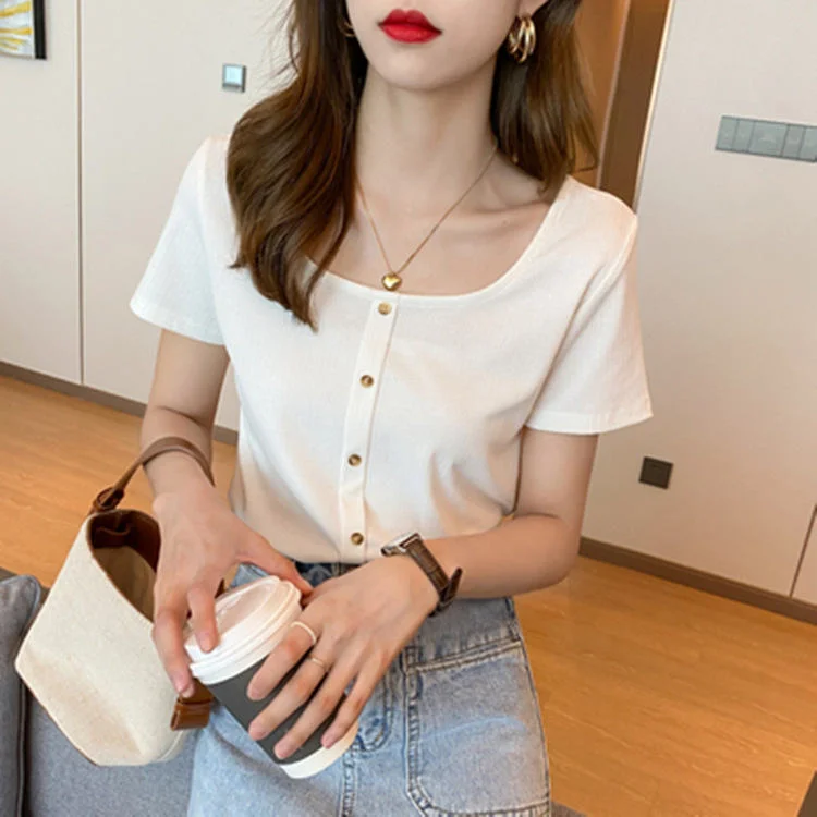 2023 Fashion Women Casual Summer Crop Top Short Sleeve V Neck Tee Button Ribbed Blouse T Shirt