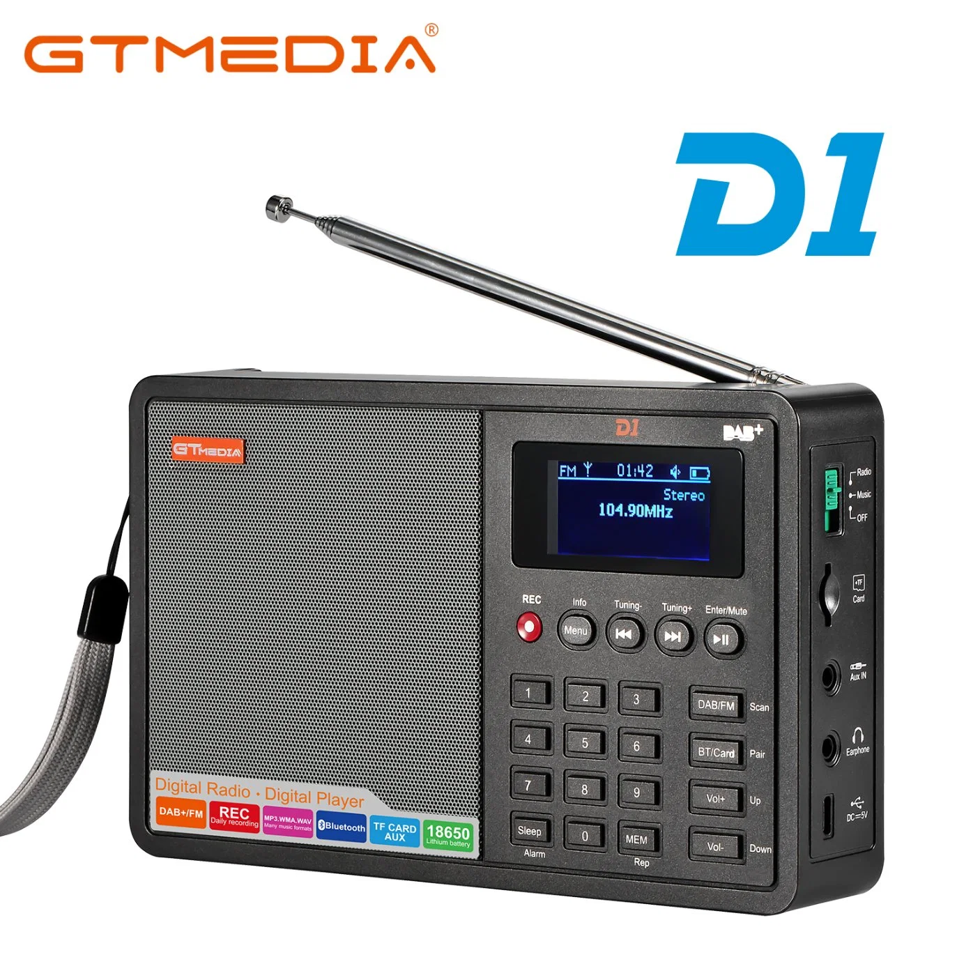Producto original de fábrica Gtmedia D1 FM RADIO DAB Digital+Bt con pantalla LCD de 1,8 pulg.