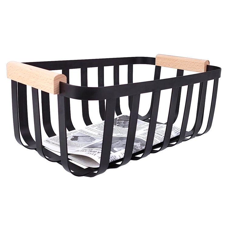 Kitchen Pantry Bathroom Countertop Organizer Bin Wooden Handle Space Saving Organizer Metal Iron Storage Basket Black Wre Basket