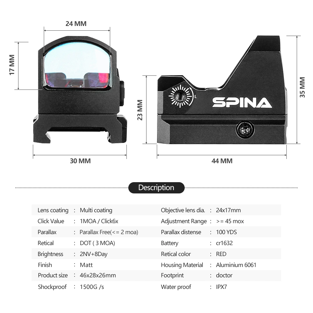 Spina Optics Red DOT Sight 1X24X17 Tactical Scope Red DOT for Real for Hunting Point Rouge