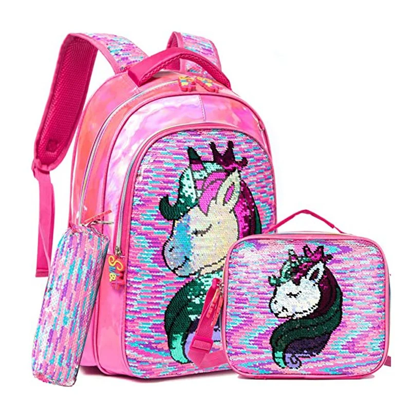 Mochila escolar de lantejoulas para meninas da moda com brilho, para estudantes do ensino fundamental, com lancheira e estojo de lápis.