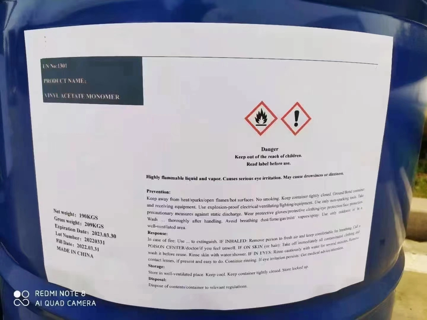 Acetato de vinilo de grado industrial monómero/VAM utilizado para película soluble en agua/adhesivo