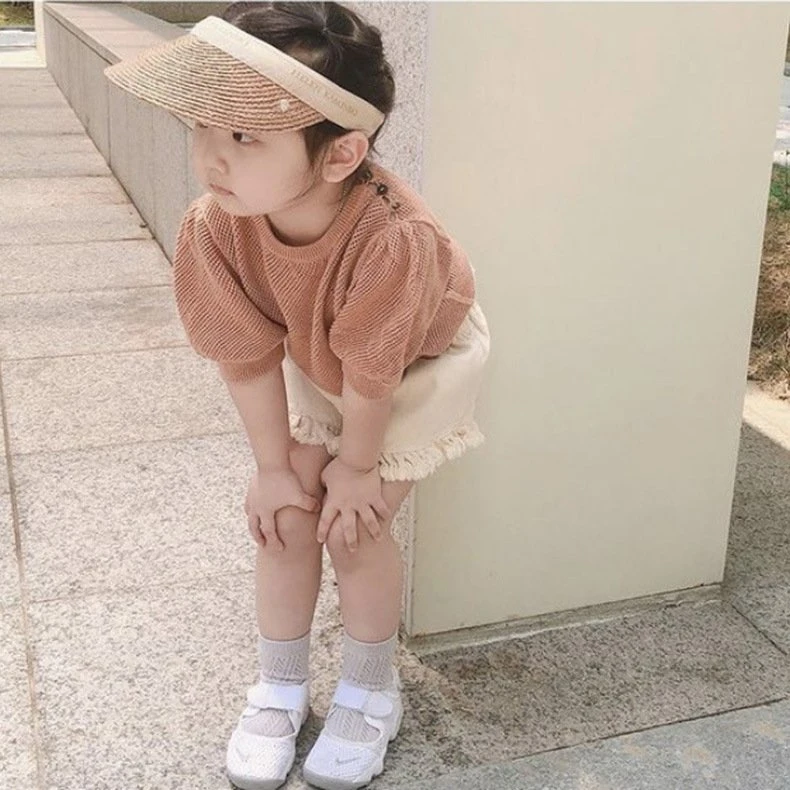 2023 Summer New Girls' Short-Sleeved Tops Knitted Sweater Baby Clothes