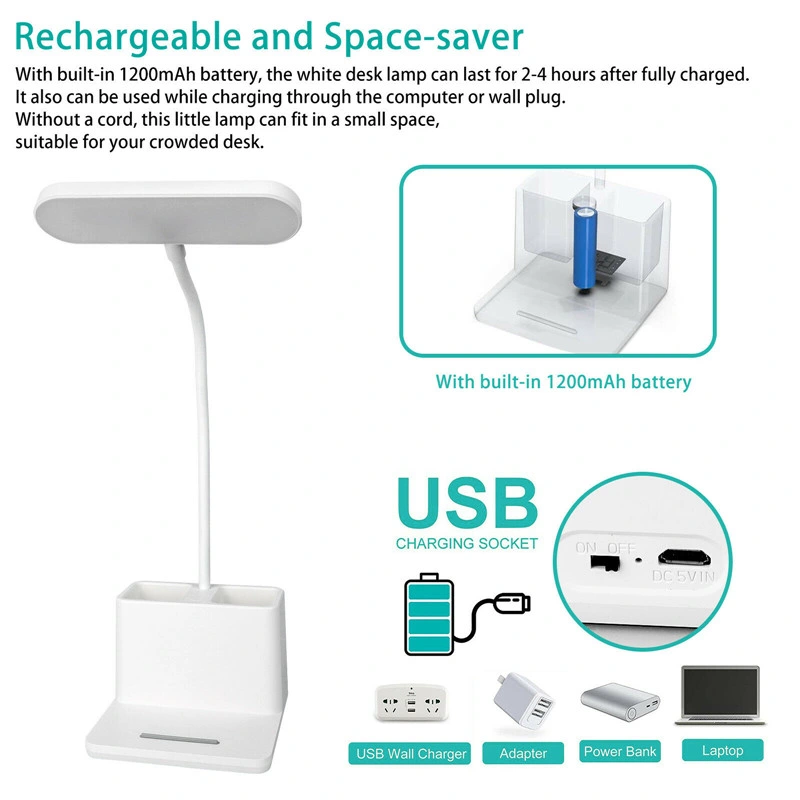 Lámpara de escritorio LED de cabecera de lectura de luz de mesa recargable atenuable