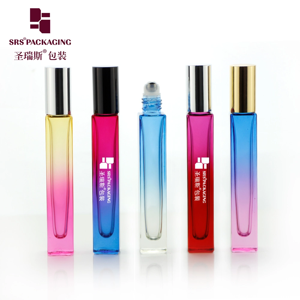 SRS Square Glass Ball 10ml Roll On Bottle Gradient Spraying Light Blue Rose Colored Roller bottle