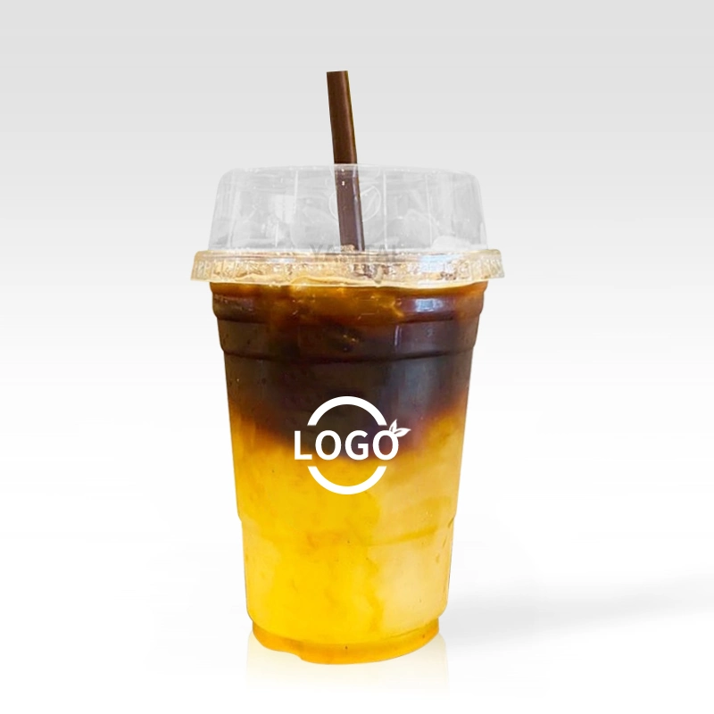 Copos descartáveis de plástico transparente para café gelado, bubble tea, leite com boba, smoothie com tampas planas ou tampas em formato de cúpula com logotipo personalizado.