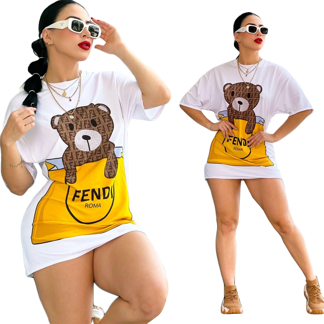 L287034 vestido de manga corta con estampado de oso blanco