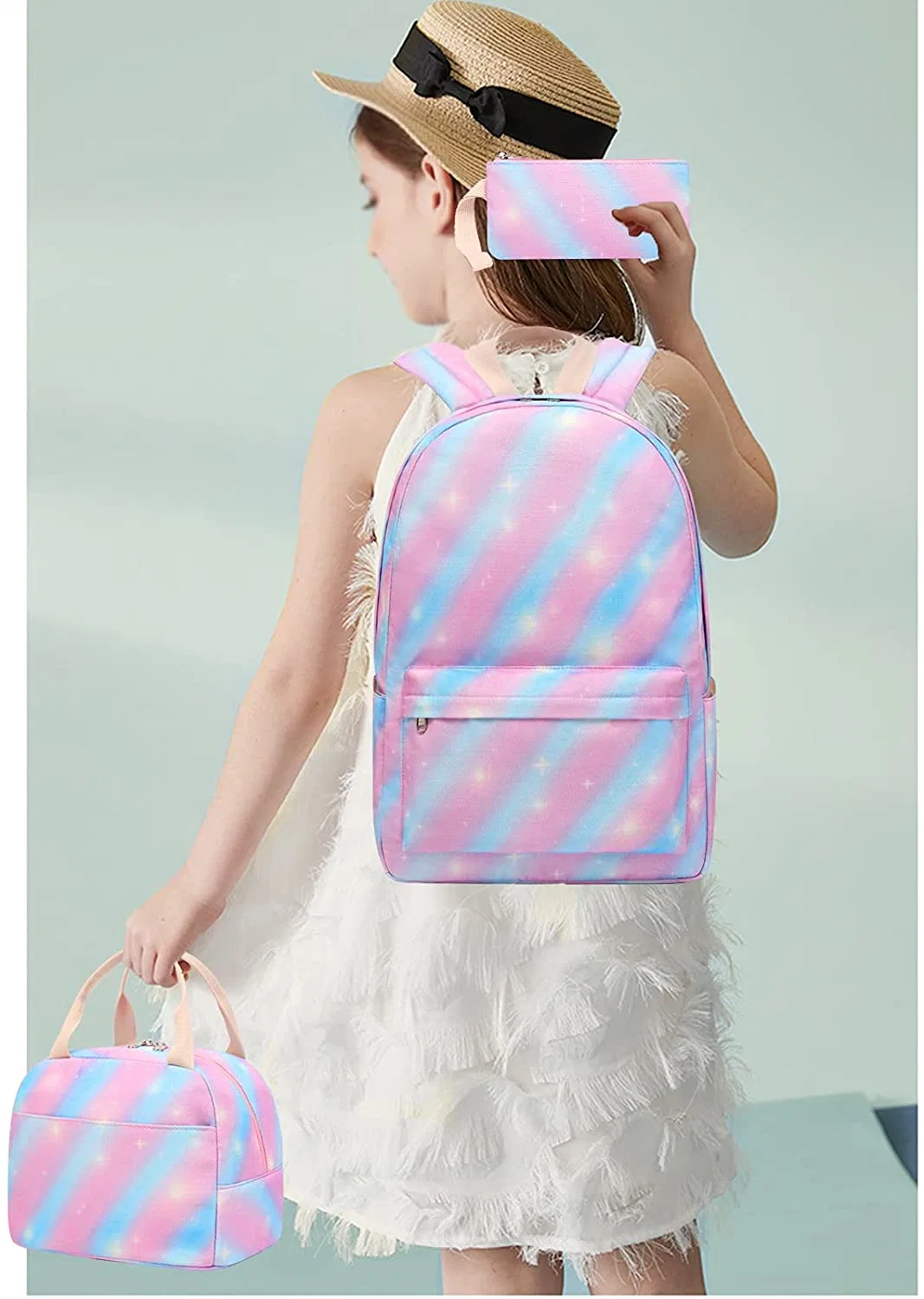 Hot Sale Pink Strips Pattern Nice Water Resistant 3 Pieces Student Shoulders Bag Back to School Bags Backpack Sets for Girl