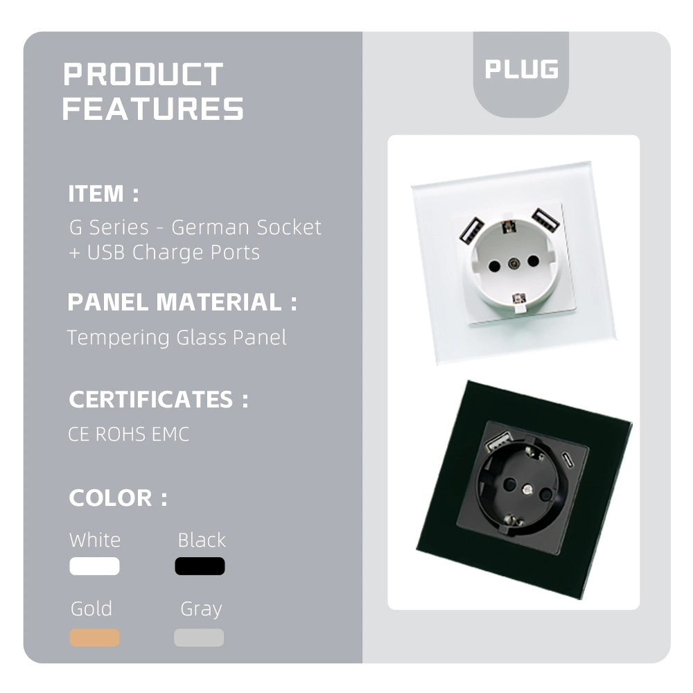 Mezeen G Series Square EU Standard White Black German Socket USB Type a+a a+C