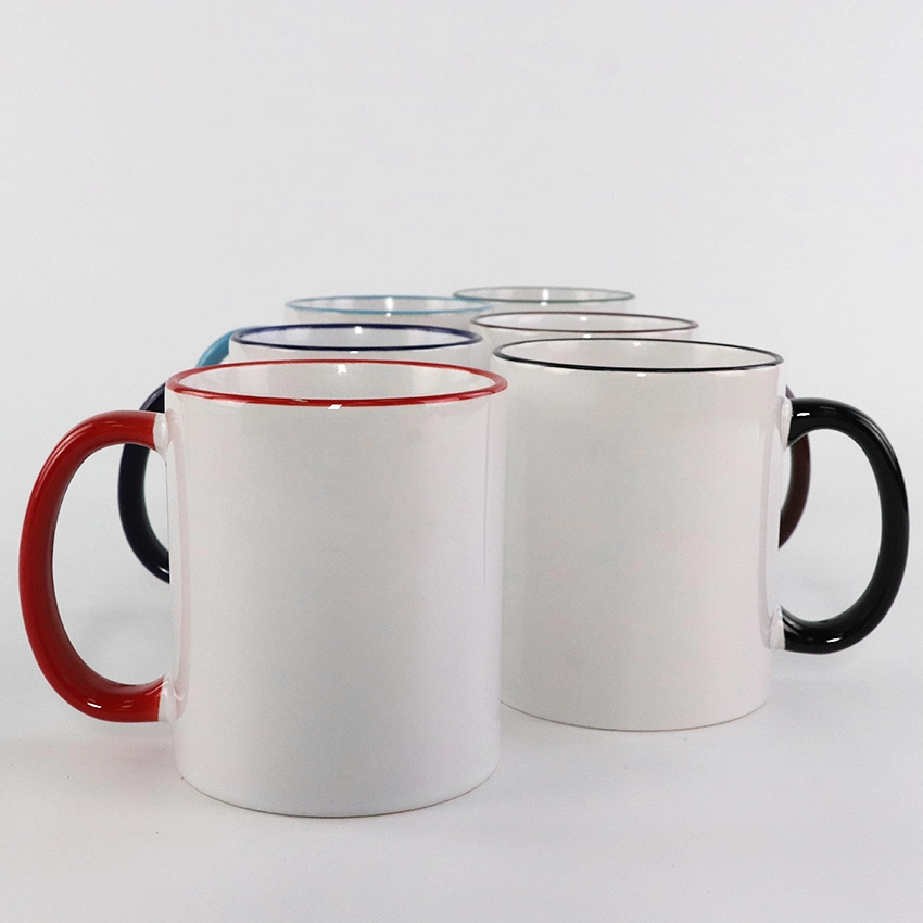 11oz Sublimation Heat Transfer Printing Ceramic Mugs with Rim Color Handle