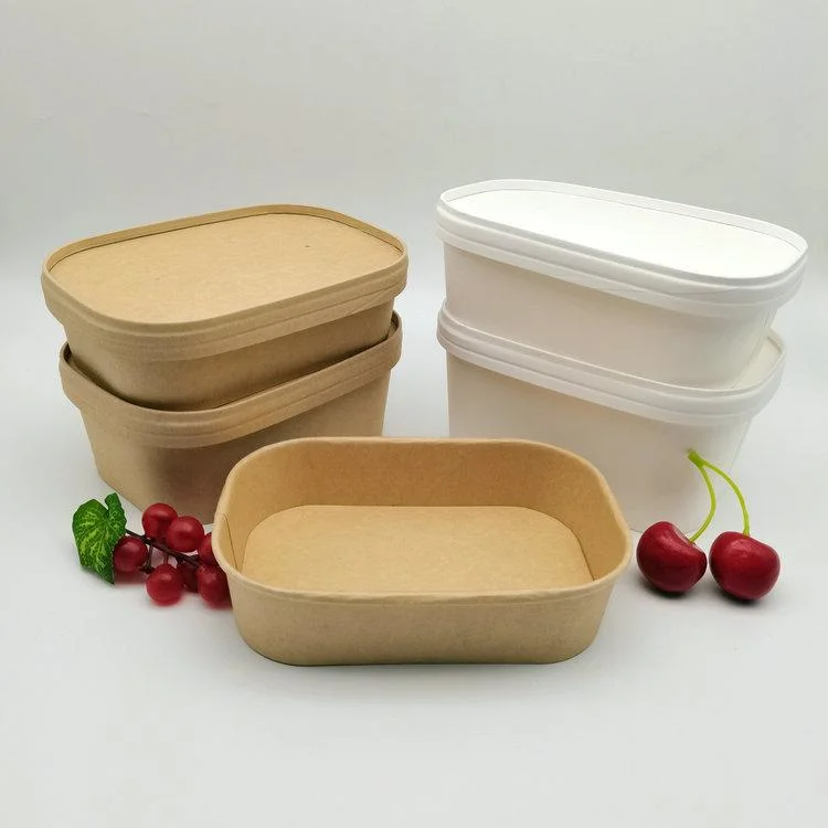 Disposable Safe Microwave Craft Leakproof Hard Paper Food Packaging Containers Delivery Box Rectangle Paper Bowl with Lids