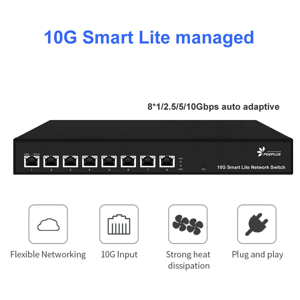 8 Ports 10gbe RJ45 1/2.5/5g Auto Adaptive Smart Lite Semi-Managed Network Switch