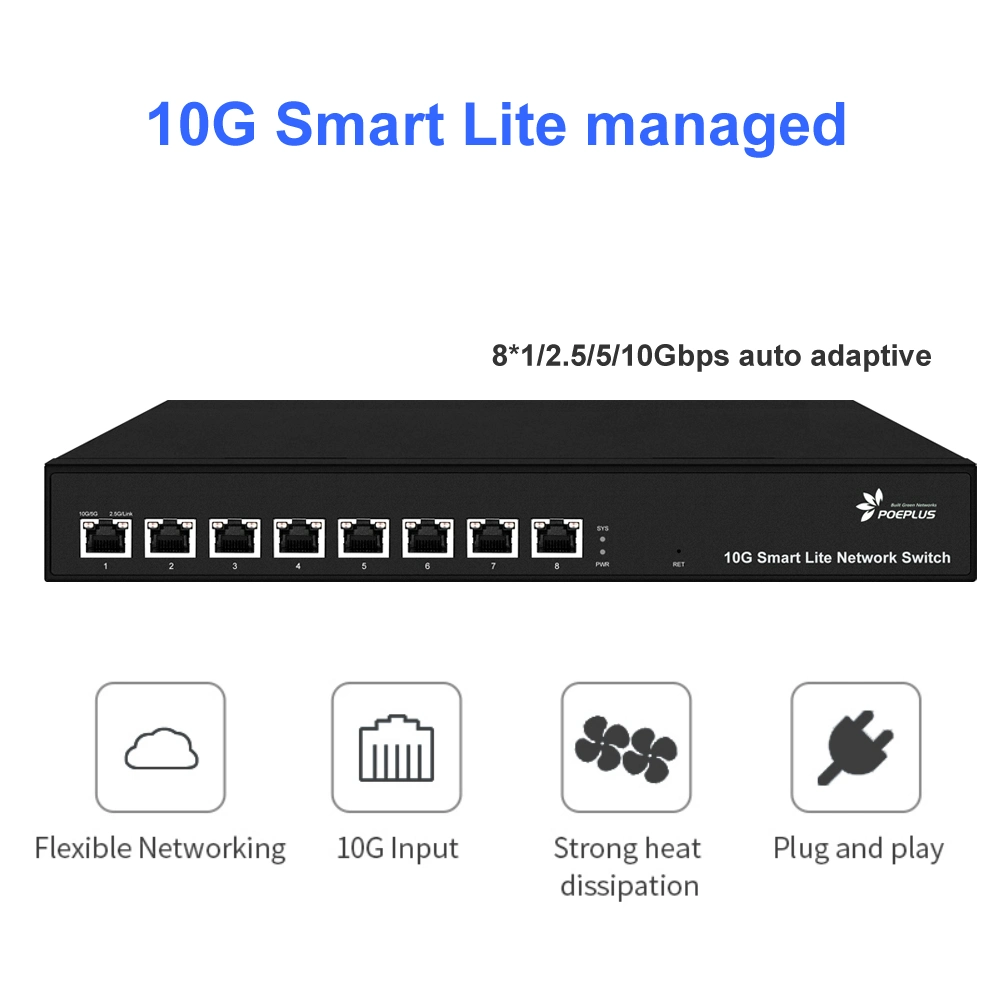 8 puertos RJ45 10gbe 1/2.5/5g Auto Inteligente Adaptación del conmutador de red Semi-Managed Lite