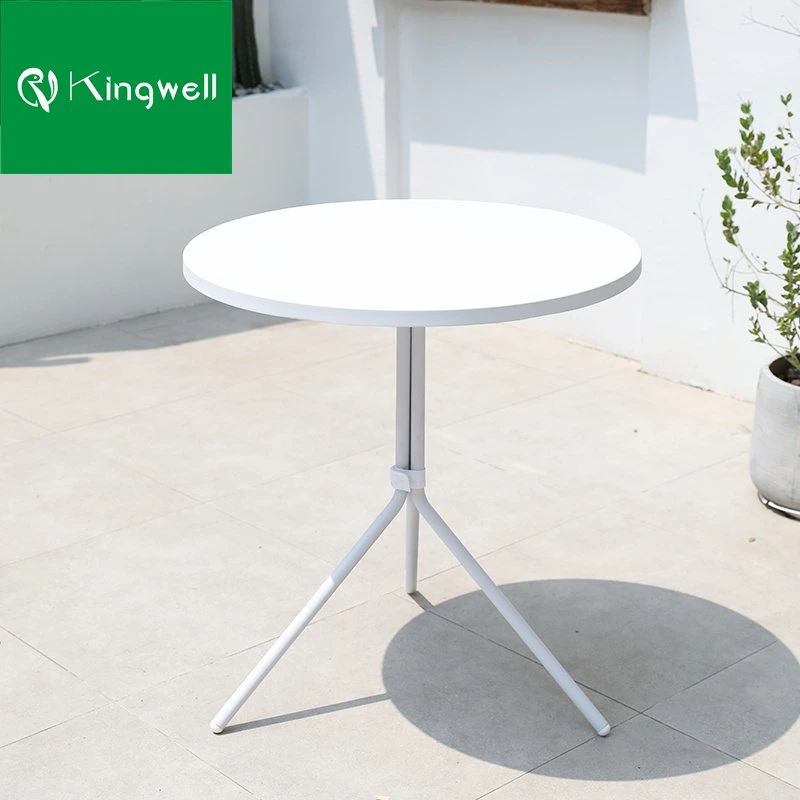 Jardín de forma redonda blanca mesa exterior de aluminio con 3 piernas
