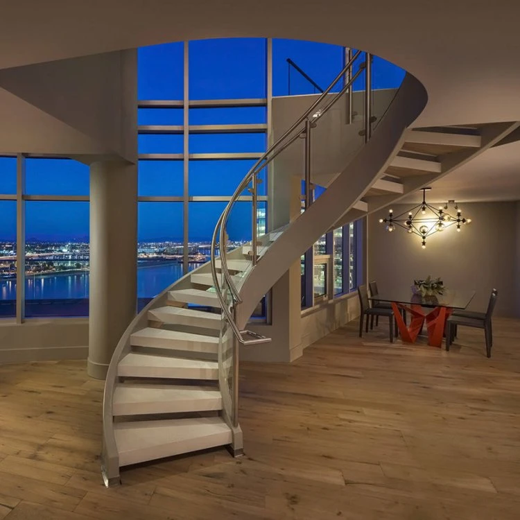 Glass Staircase Wood Step Glass Rails Curved Staircase with Stainless Steel Stringer and Glass Railing